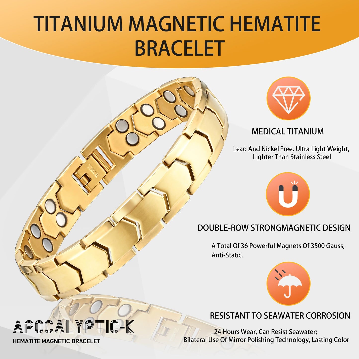 Apocalyptic-K Men's Titanium Magnetic Bracelets，Ultra Strength Magnetic Bracelets，Pure Titanium (Lightness),Gold,Eliminate Static Electricity (Gold)