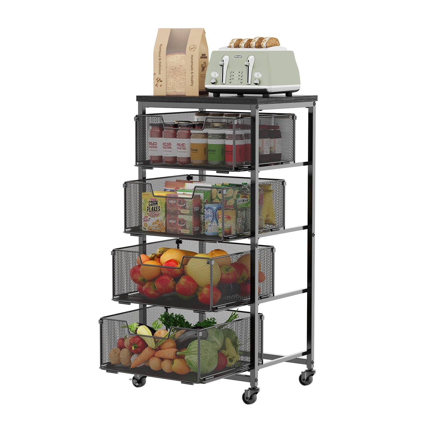 4-Tier Fruit Vegetable Storage Cart - Kitchen Organizer and Storage Cart with Wheels, Wooden Top Metal Wire Fruit Vegetable Rack Stand with Drawers to Storage Cans Snacks for Kitchen(Patent Pending)