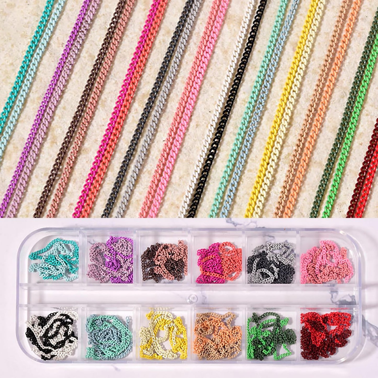 JERCLITY 2 Boxes - 36 Strips Multi-Color and Gold Metal 3D Nail Chains for Nail Art - Punk Nail Charms, Colorful Chains for Nails