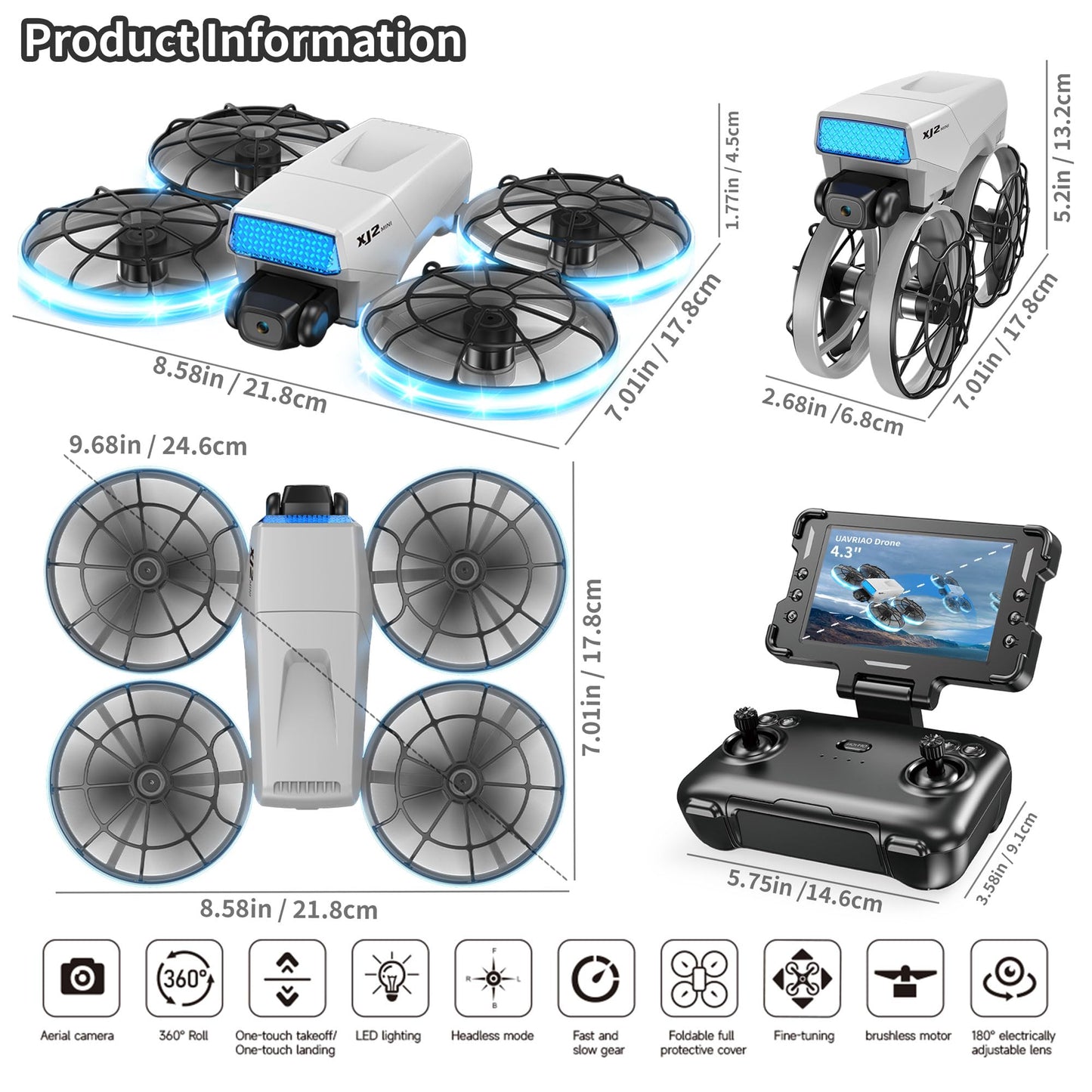 UAVRIAO Foldable RC mini Drone with 1K HD Camera Quadcopter, 2.4-inch Folding Remote, 2 Batteries & Carry Case - Safe Propeller Guard, 3D Flips, One-Key Takeoff/Landing, Ideal Gift for Beginners and Adults