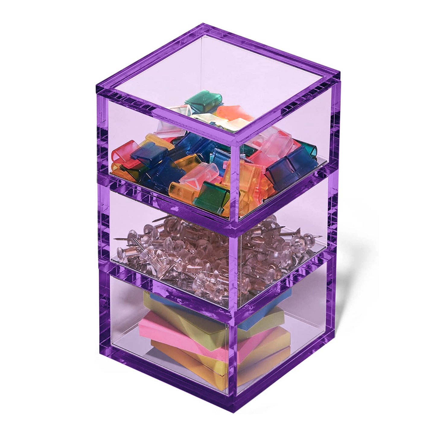 OfficeGoods 3-Tier Stackable Acrylic Holder- Stylish Desk Organizer and Storage for Office or Home – Transparent Square Design, Purple with Silver Metal Base