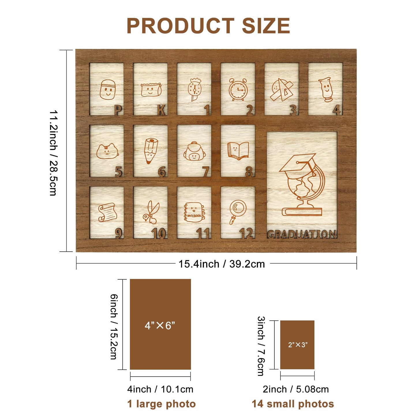 FramePro School Years Picture Frame Pre K to 12 Wooden Graduation Gift Collage Frame with Stand Easel, Displays One 4x6 and Twelve 2x3 Wallet Photos