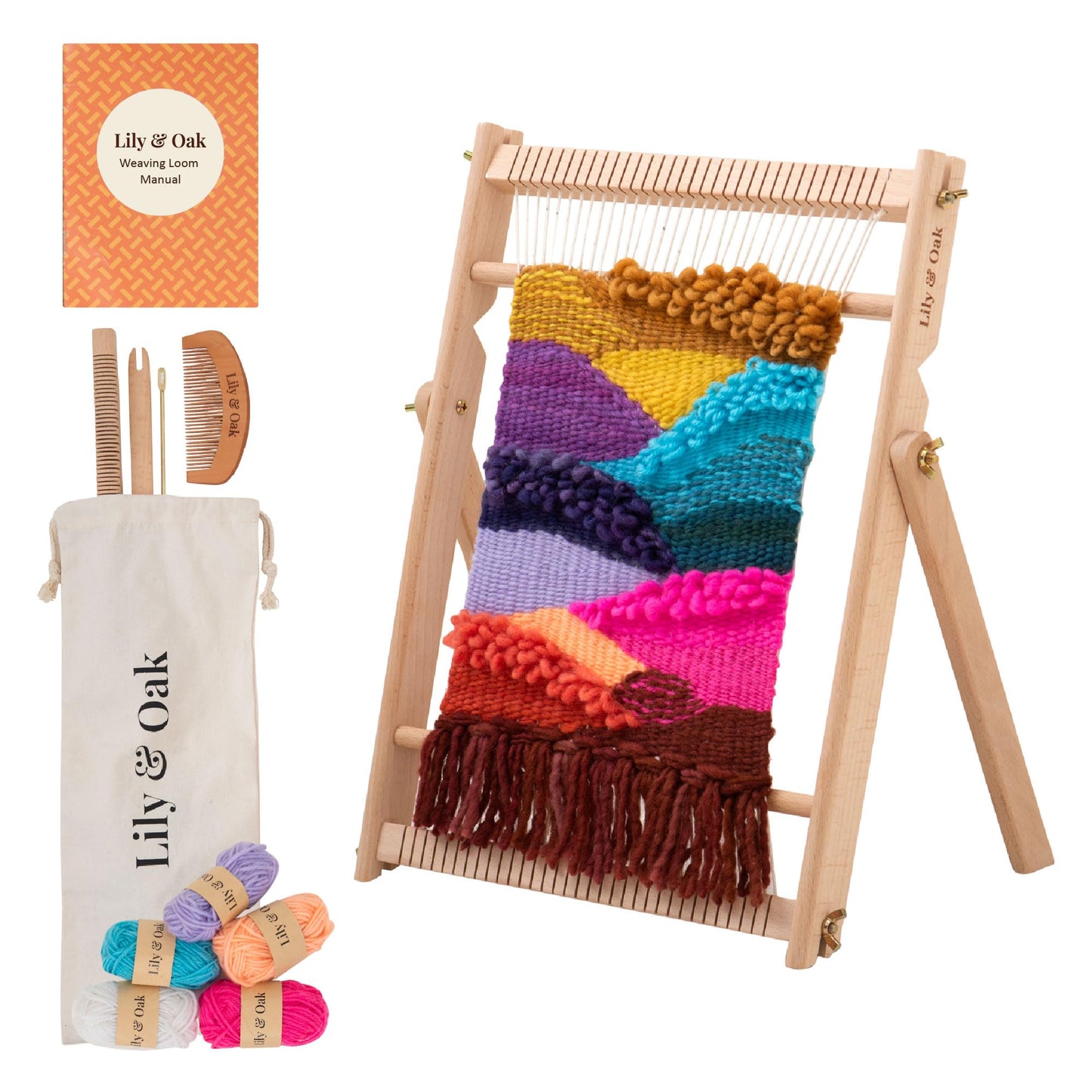 Lily & Oak Weaving Loom for Adults & Kids - Weaving Loom Kit | Beginner-Friendly Table Loom & Lap Loom with Yarn, Tools & Instructions | Wooden Loom for Multicraft Projects (15.8 x 11.8 inches)