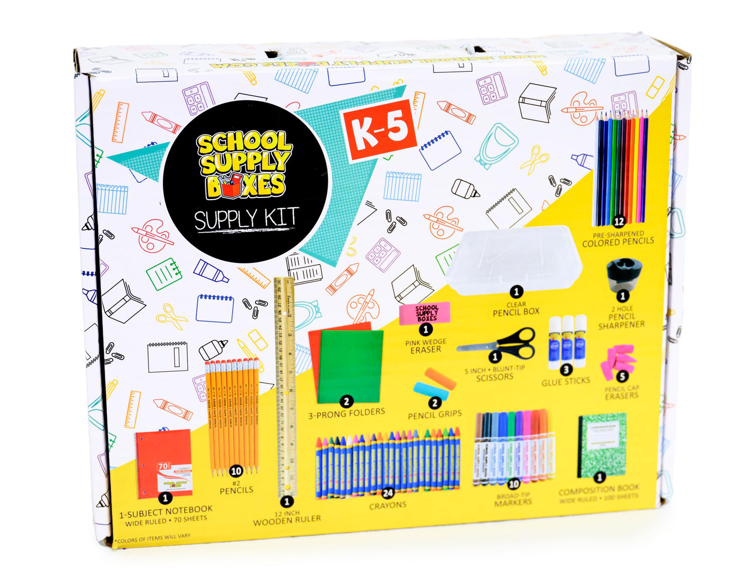 Back to School Supply Box - Grades K-5 Back to School Supplies - 32 Piece Kit with Handled Box