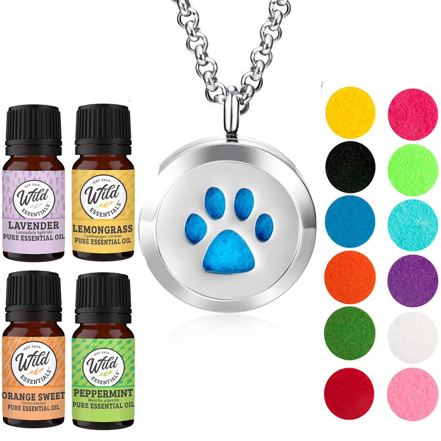 Wild Essentials Dog Paw Necklace Essential Oil Diffuser Kit with Lavender, Lemongrass, Peppermint, Orange Oils, 12 Refill Pads, Calming Aromatherapy Gift Set, Customizable Color Changing, Perfume