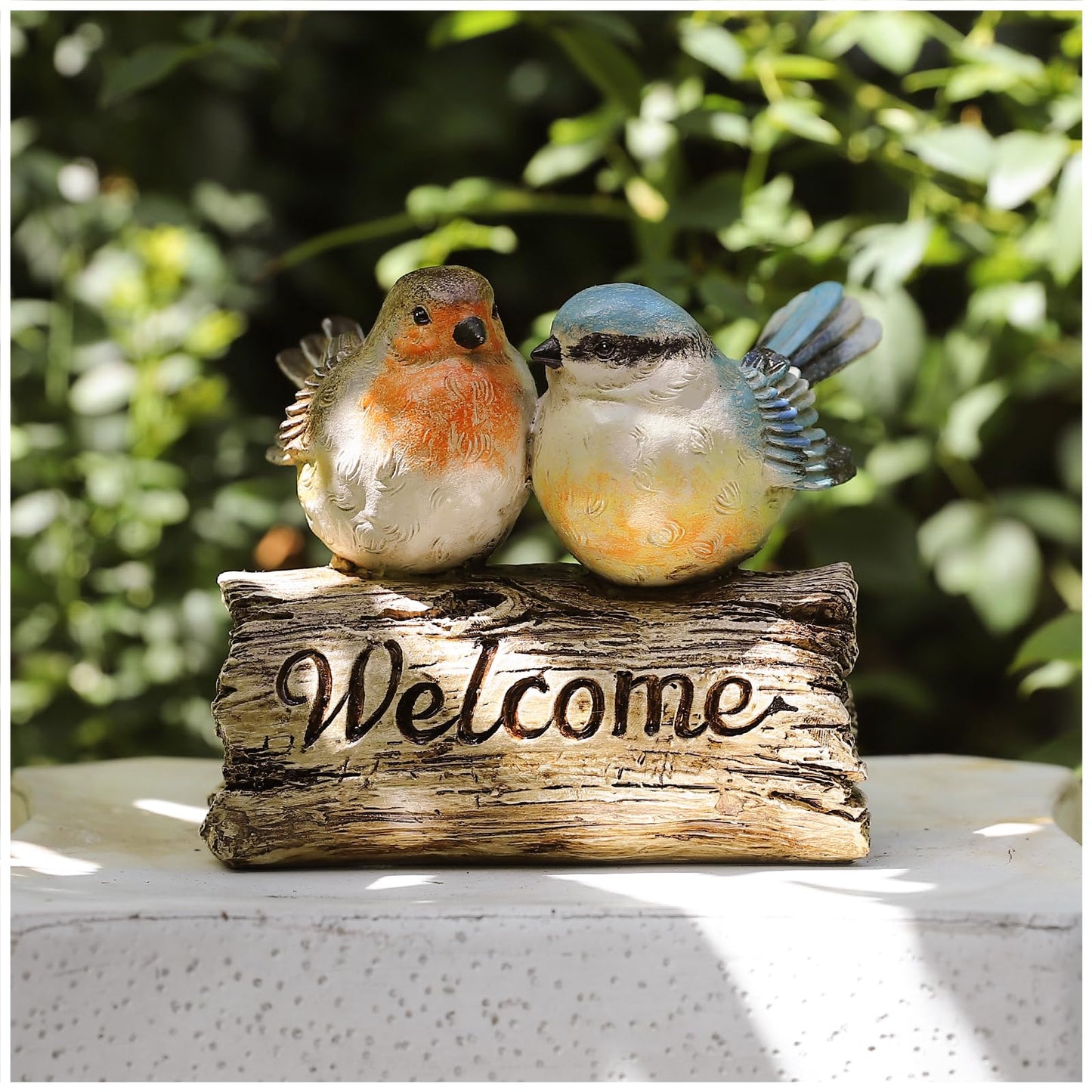 Mantaoilfe Welcome Bird Figurine Resin Garden Statue with Welcome Sign, Rustic Double Bird Decor on Driftwood Style Base for Front Porch Entryway Patio Lawn Garden or Indoor Tabletop