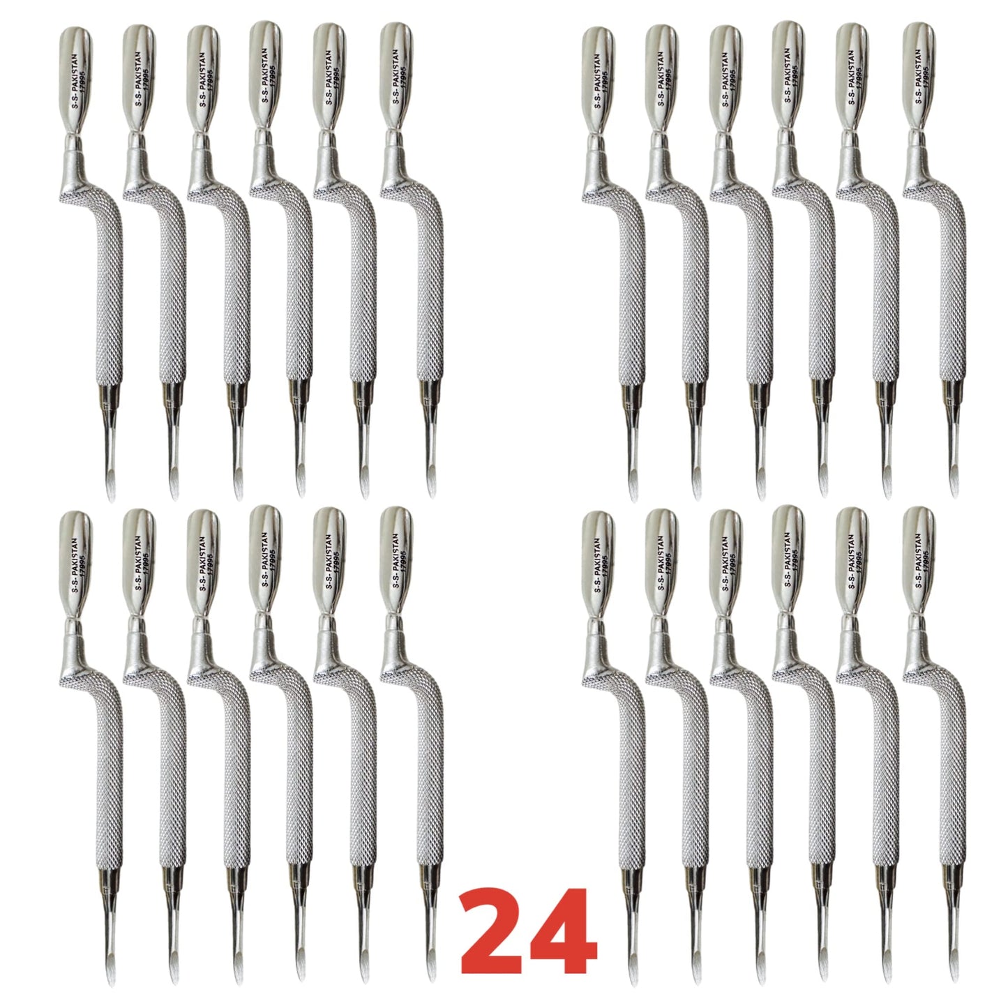 24pc Comfort Hold Easy Grip Ergonomically Angled Curved Cuticle Pusher Tool Heavy Duty 5" Double Ended Pusher & Cleaner - Premium Pakistan Stainless Steel