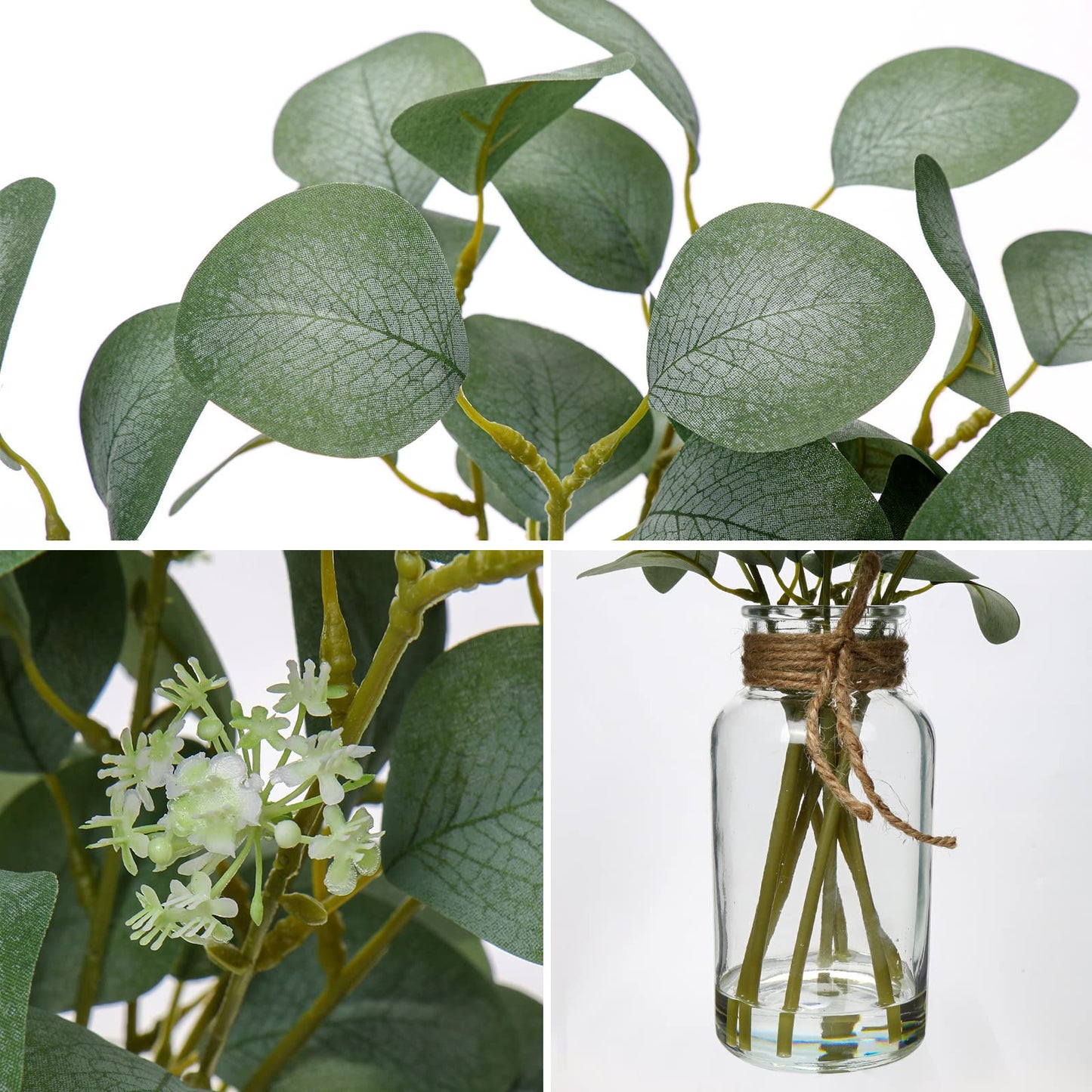 Briful Artificial Eucalyptus Stems in Glass Vase with Faux Water, 14" Fake Plant Eucalyptus Leaves for Home Farmhouse Wedding Centerpiece Bathroom Décor, 2 Packs