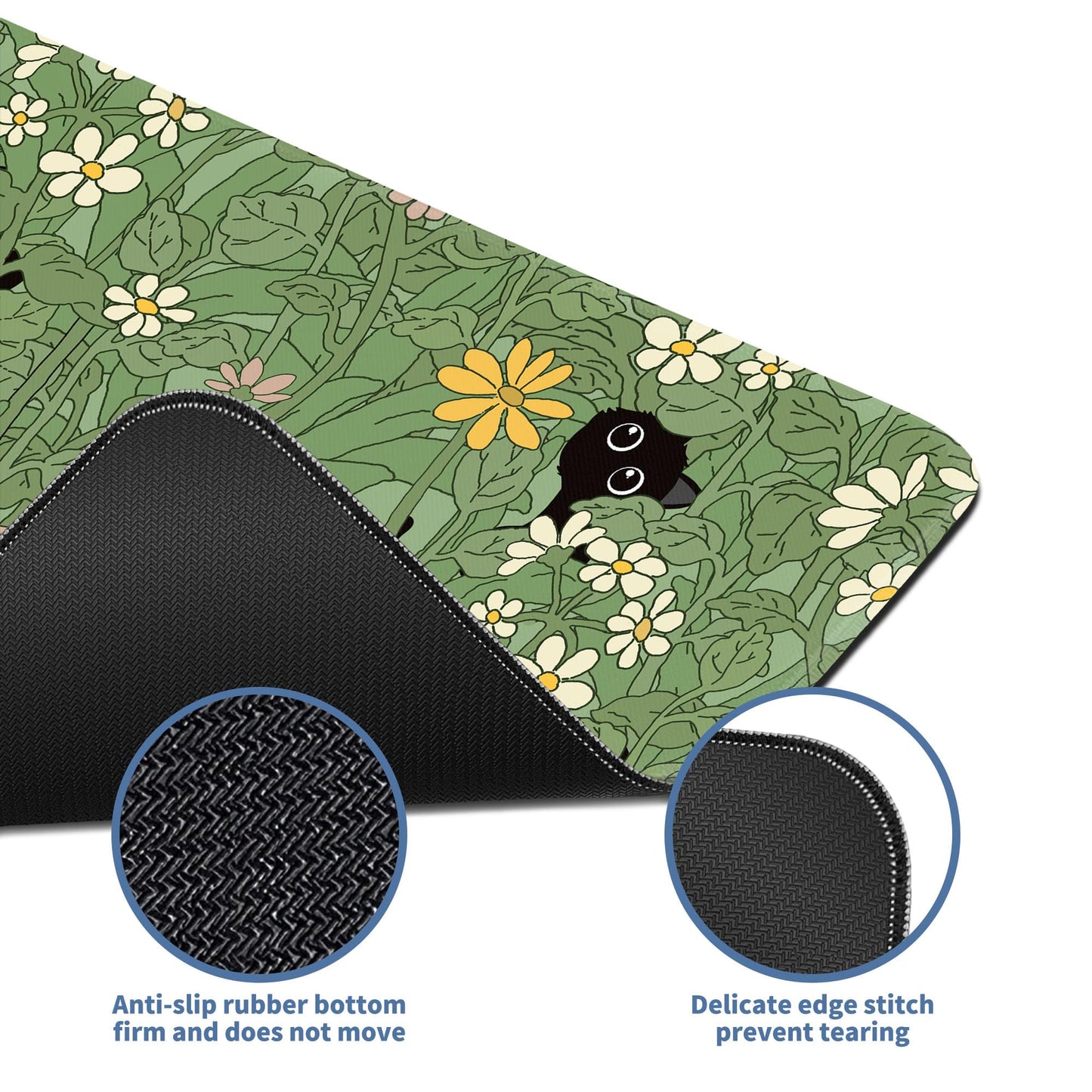 Cute Cat Mouse Pad Large Green Desk Mat Extended Keyboard Mouse Pad Kawaii Mousepad with Non-Slip Base and Stitched Edge Plant Mouse Mat Desk Pad 31.5 x 11.8 in Mouse Pads for Decor Home Office Gaming