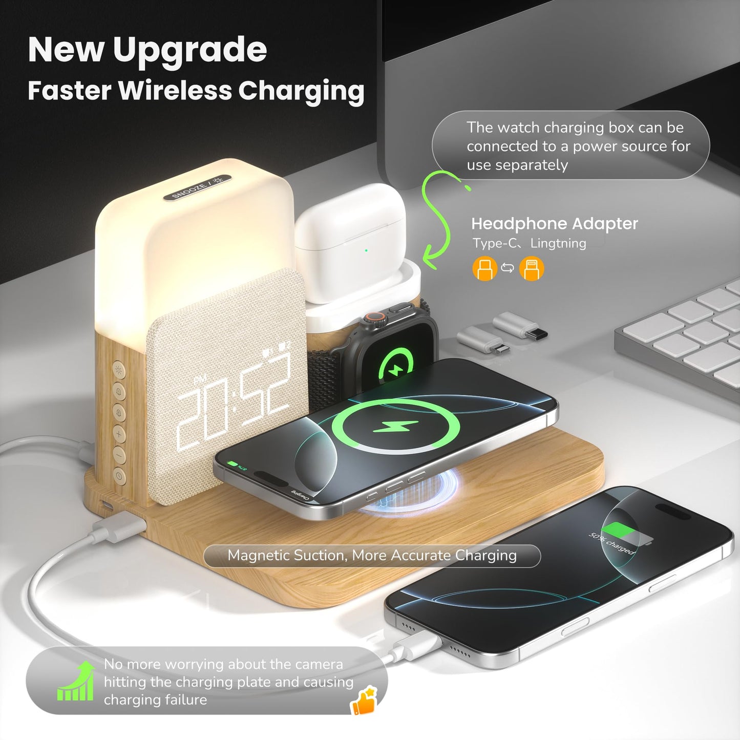 Alarm Clock Charging Station for Bedrooms, 7 in 1 Wireless Charging Station, Magnetic Charger with Night Light Bedside Clock for iPhone 17 16 15 14 13 12 Pro Max, Apple Watch, AirPods (Wood)