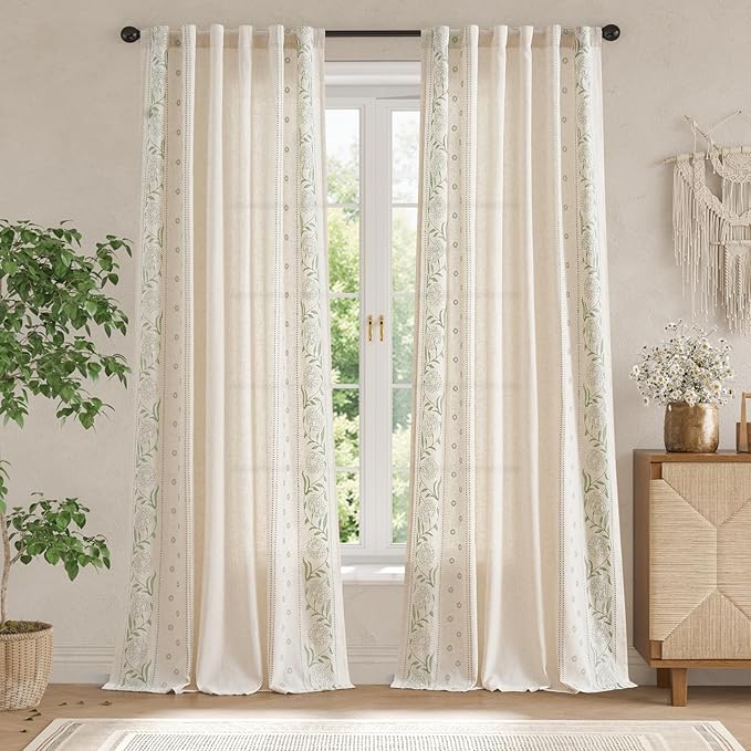 jinchan Winslow Linen Curtains for Bedroom 96 Inches Length Embroidered Bordered Floral Curtains for Living Room Farmhouse Decor Light Filtering Window Treatments Sage on Beige Drapes 2 Panels