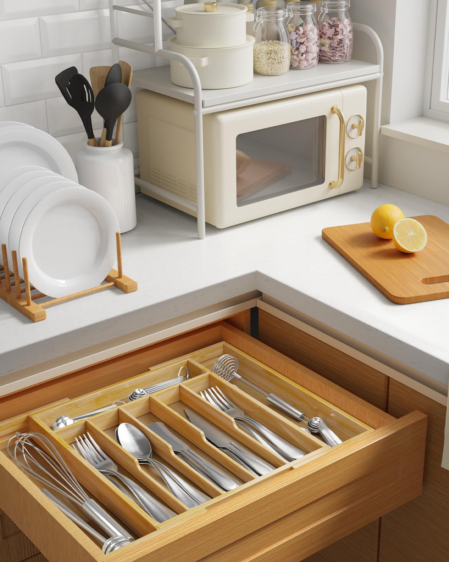 Kitsure Silverware Organizer - Expandable Bamboo Kitchen Drawer Organizer for Cooking Utensils and Cutlery, Sturdy & Thickened Kitchen Organizers and Storage Solution, Large, Natural