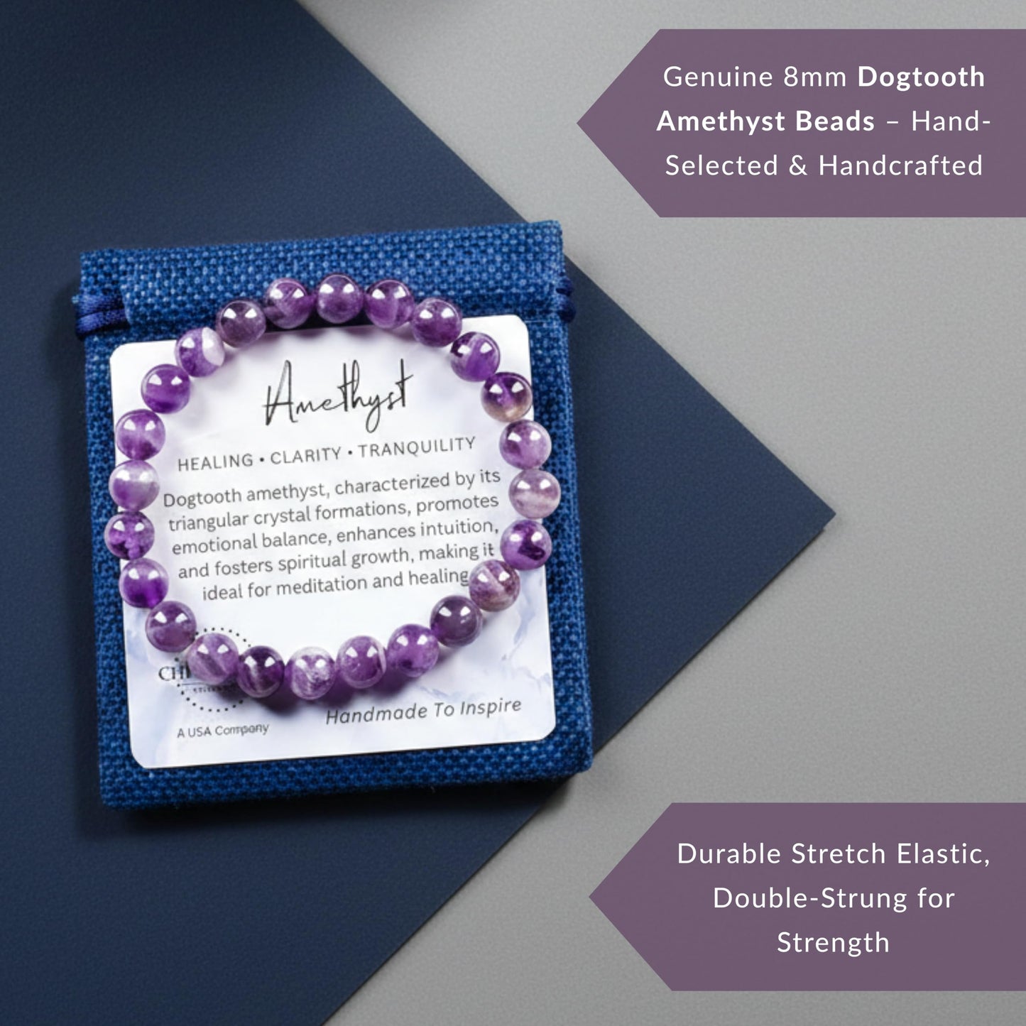 Cherry Tree Collection Dogtooth Amethyst Bracelet – Handmade 8mm Genuine Amethyst Beaded Bracelet for Men & Women – Healing, Protection & Positive Energy (Small)