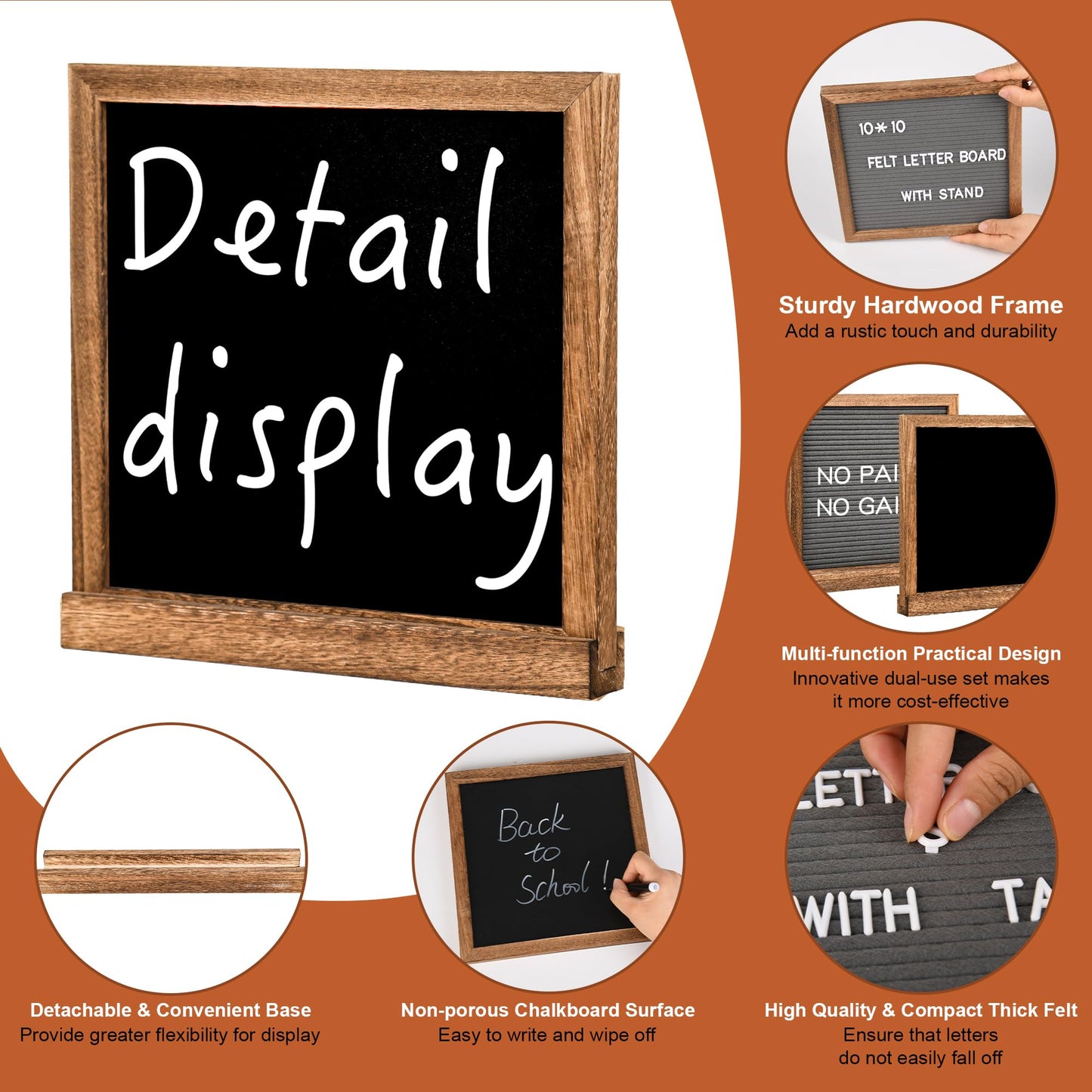 10" x 10" Double Sided Chalkboard Sign with Stand, Small Chalk Board Blackboard Wood Frame Felt Letter Board with 12 Chalk Markers and 340 Letters (Brown)