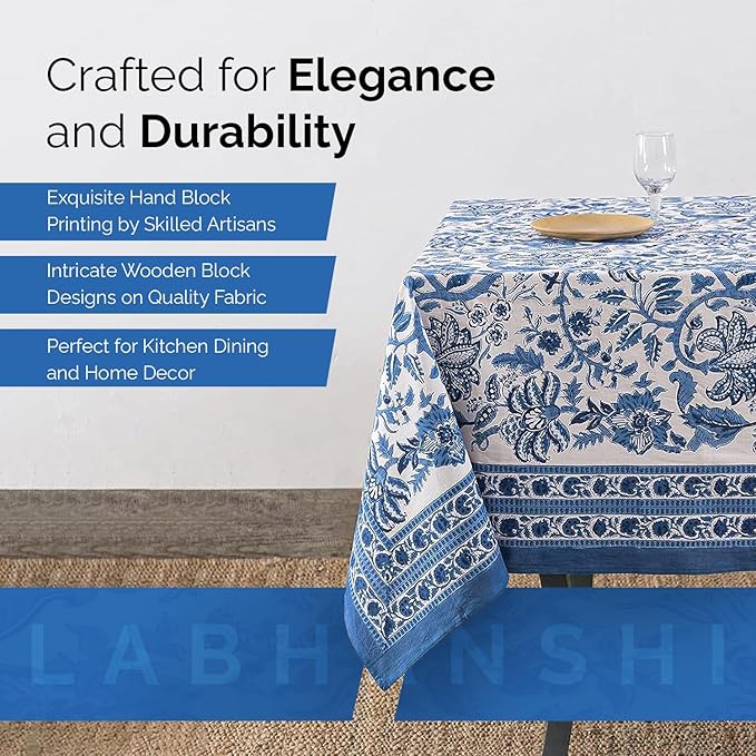 Labhanshi Indian Block Print Table Cloth|Jaipur Rectangle Floral Cotton Table Cover 60x90 Inch 6-Seater Spring Easter Kitchen Dining Tablecloth|Patio Table Cover for Event Wedding Banquet Parties|Blue