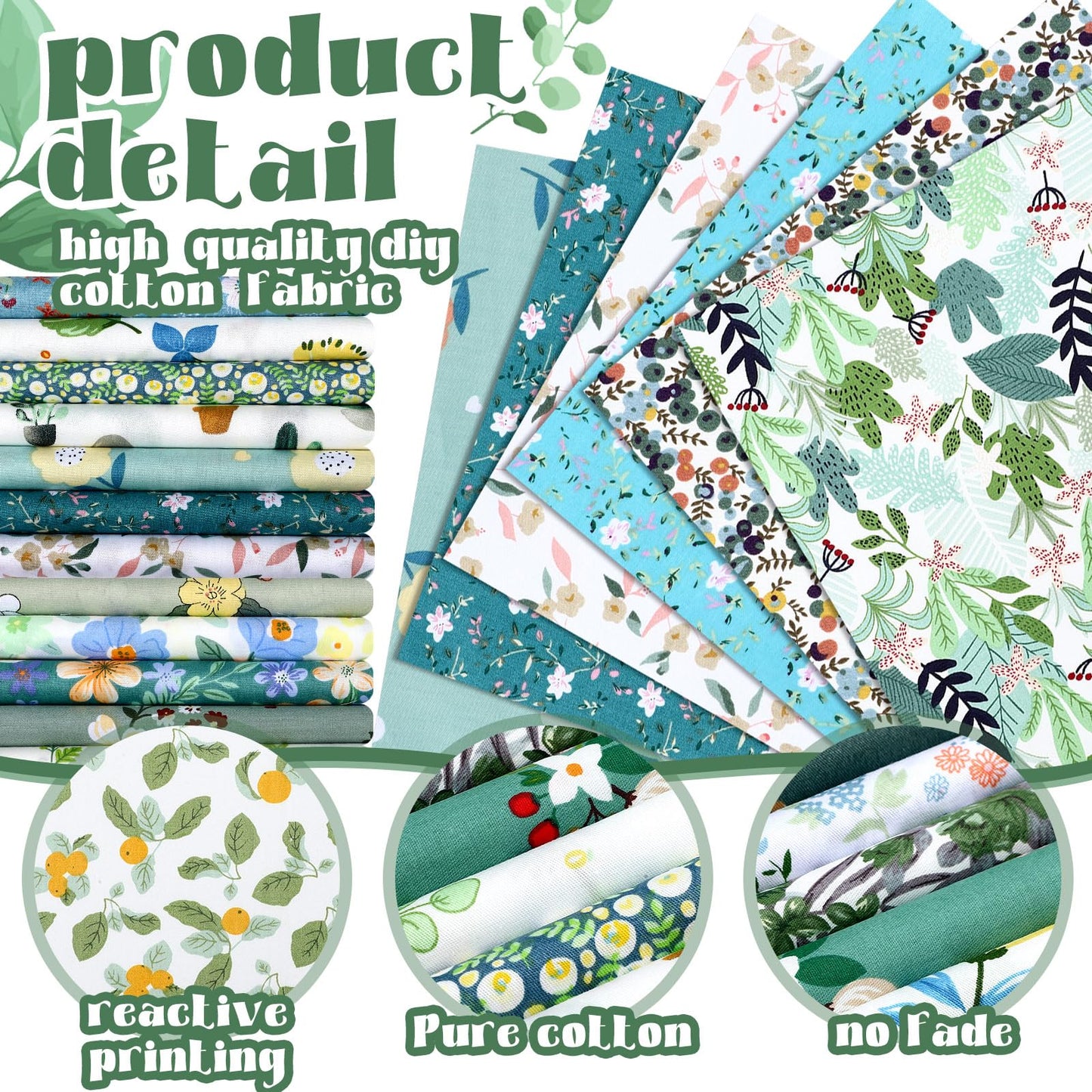 Tudomro 70 Pcs 10 x 10 Inch Green Floral Cotton Fabric Square for Quilting Sage Mint Green Sewing Precut Fabric Bundle Assorted Flower Printed Patchwork Materials for Holiday DIY Craft Handmade Cloth
