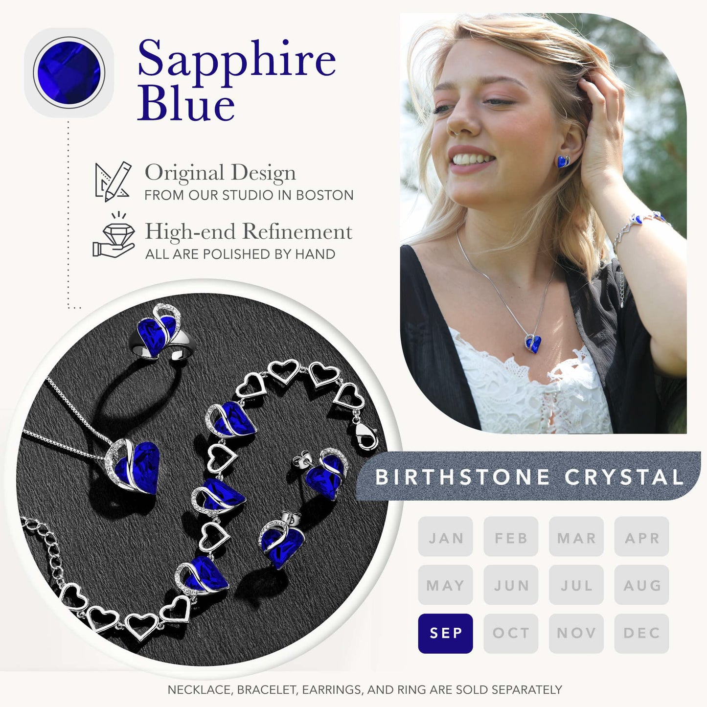 Leafael Mothers Day Gifts Infinity Love Heart Bracelet for Women, September Birthstone Crystal, Cobalt Sapphire Blue, Silver Tone Adjustable Chain