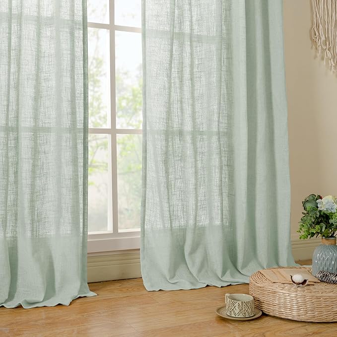 LAMIT Small Window Linen Curtains 45 Inch Length, Light Filtering Panels Back Tab and Rod Pocket Neutral Drapes for Cafe/Bathroom/Loft Room, Light Sage, 2 Panels, 34 x 45 Inch