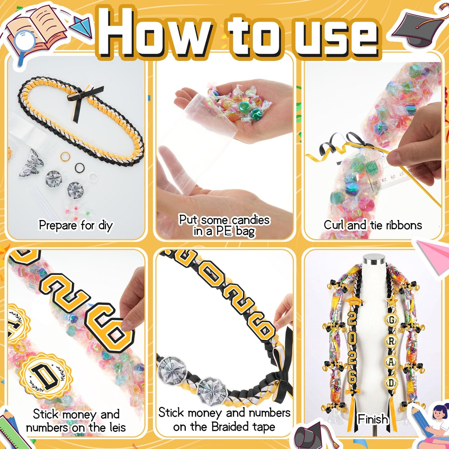 JenPen Graduation Ribbon Lei 2026 Candy Money Lei Kit with Card Double Braided Leis Class of 2026 Grad Gift for Party(Black,White,Gold)