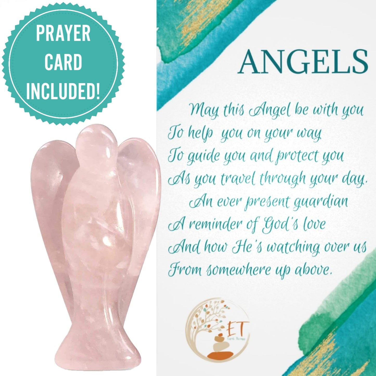 Earth Therapy Pocket Guardian Angel with Serenity Prayer Card - Pink Healing Stone Figurine - Rose Quartz