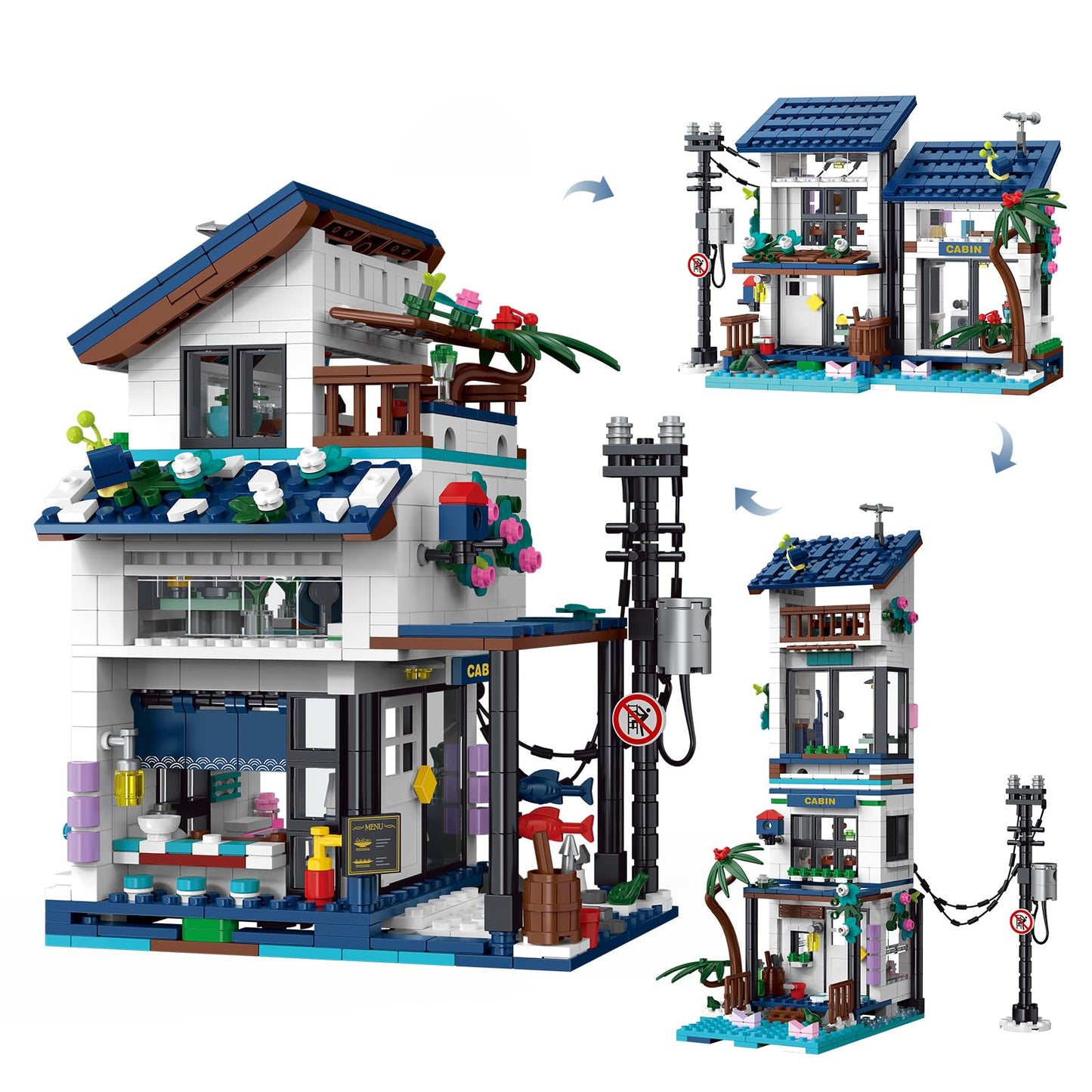 3 in 1 Japanese Style Building Set with Light, Creative Beach House, Lighthouse & Restaurant Model, Architecture Building Blocks Set, for Architecture Lovers