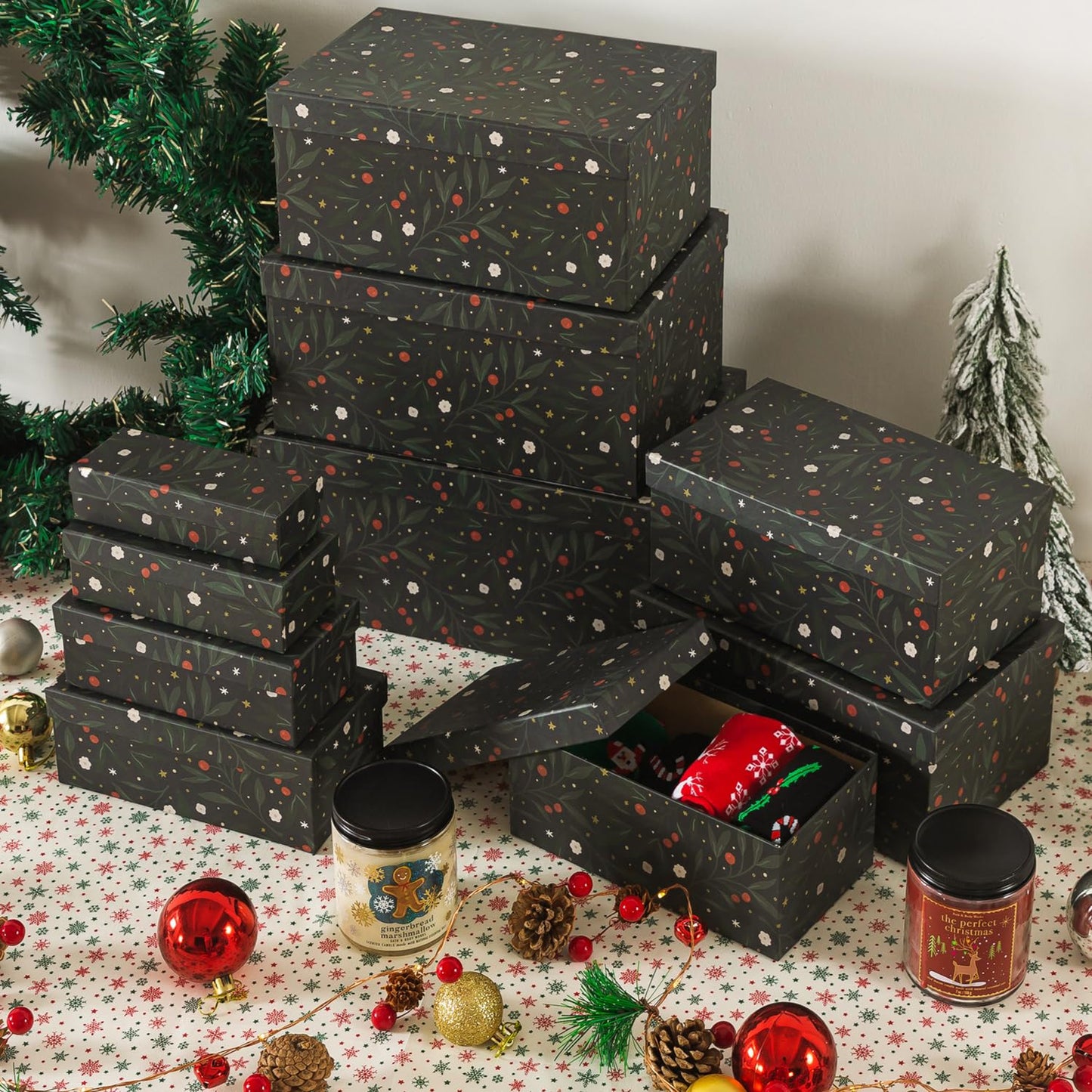 Soul & Lane Christmas Boxes with Lids - Set of 10, Charming Festive Gift Boxes, Decorative Cardboard Holiday Storage with Enchanting Leafy Botanical Pattern