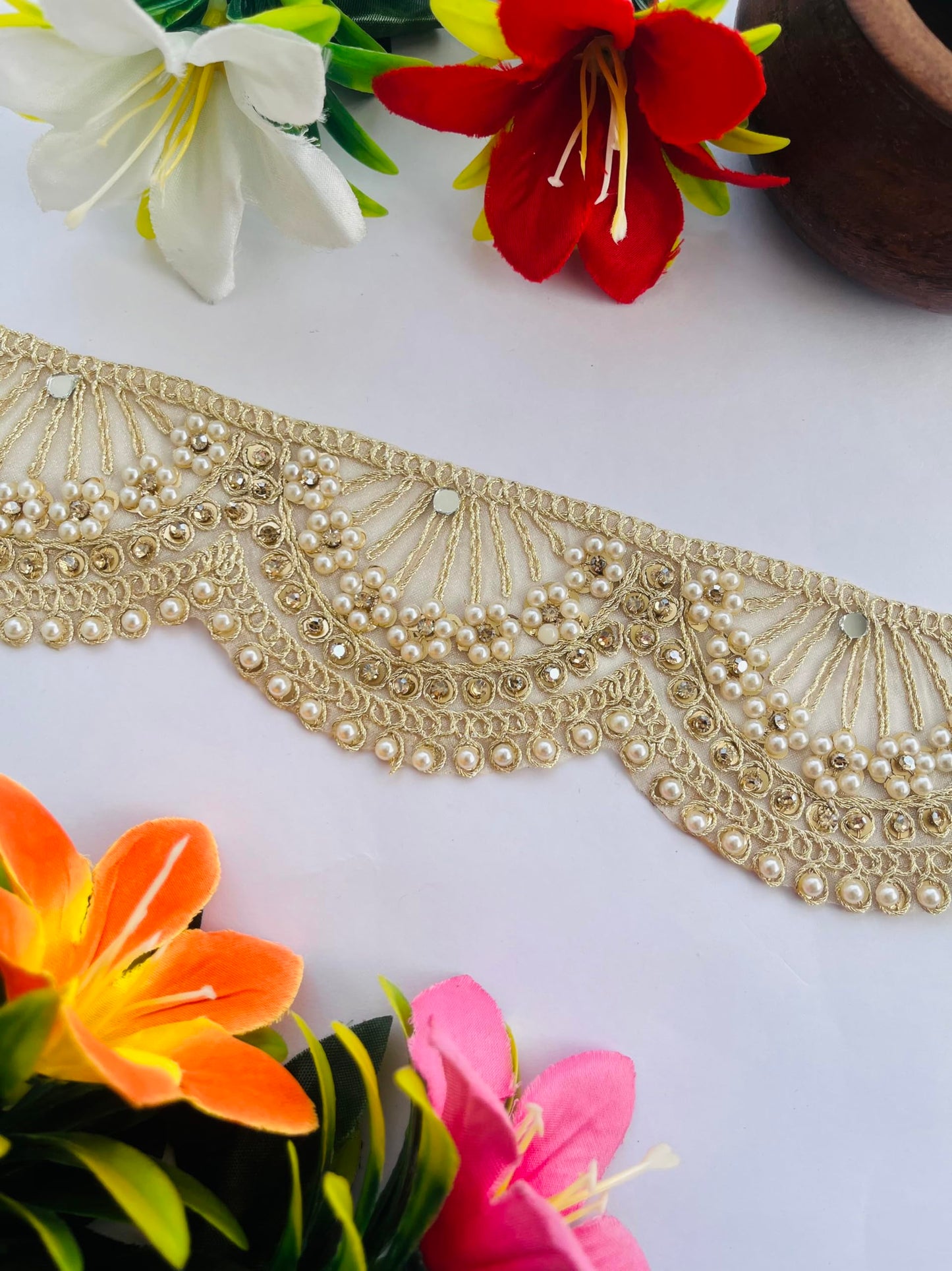 Soft Gold Scallop Lace Trim with Pearl and Rhinestone Embellishment, 2.25 Inch Wide, Available in 1, 3 and 6 Yard (1)