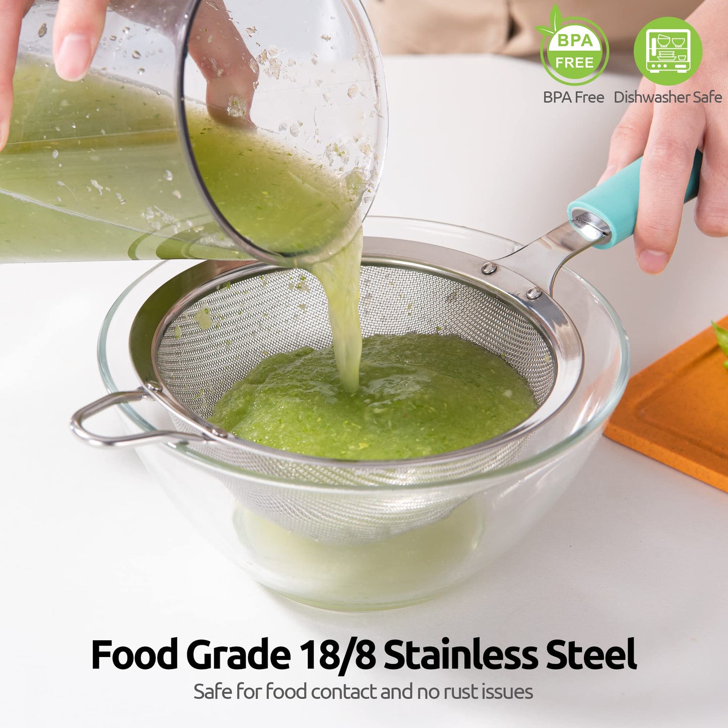 18/8 Stainless Steel Mesh Strainer: U-Taste 5.5 Inch Kitchen Fine Mesh Sieve Food Colander with Riveted Sturdy Silicone Handle and 30 Mesh Hole for Straining Flour, Pasta, Fruit, Quinoa(Aqua Sky)