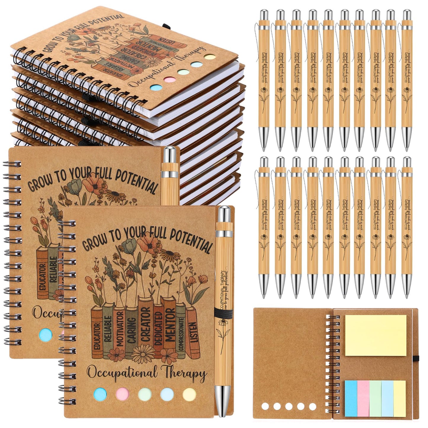 Jetec 20 Set Occupational Therapy Appreciation Gifts Bulk OT Month A6 Spiral Journal Notebooks with Sticky Notes Bamboo Pens for Occupational Therapist Must Haves Supplies