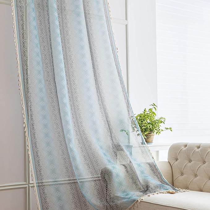 Turquoise Geometric Sheer Curtains 63 inch Long, Fringed Edges and Textured Semi Sheer Curtains Large Window Treatments for Living Room/Bedroom, 2 Panels