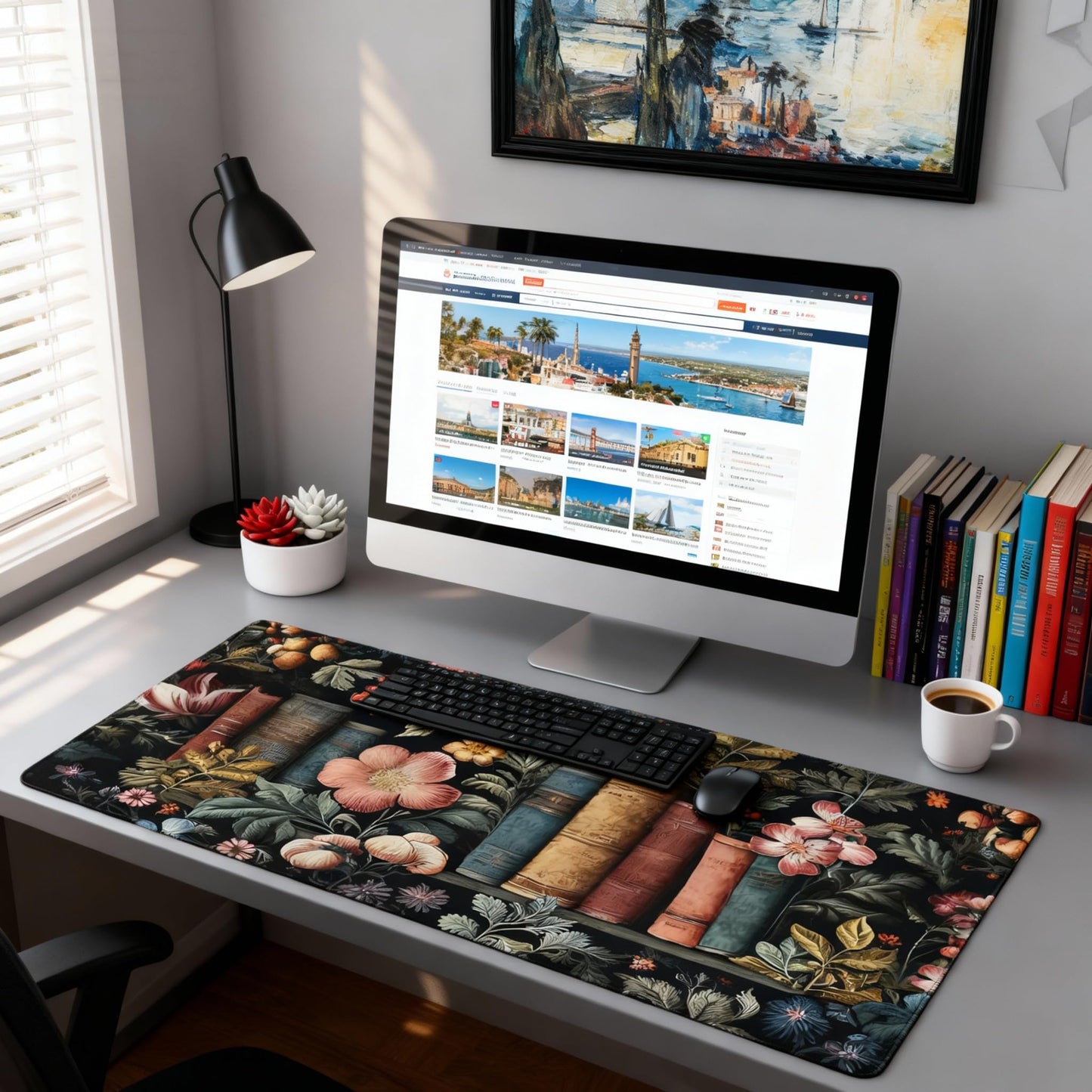 Dark Academia Desk Mat, Floral & Book Pattern XXL Mouse Pad with Anti-Slip Base & Stitched Edges, Large Desk Pad for Computer Keyboard, Office & Home Decor for Women