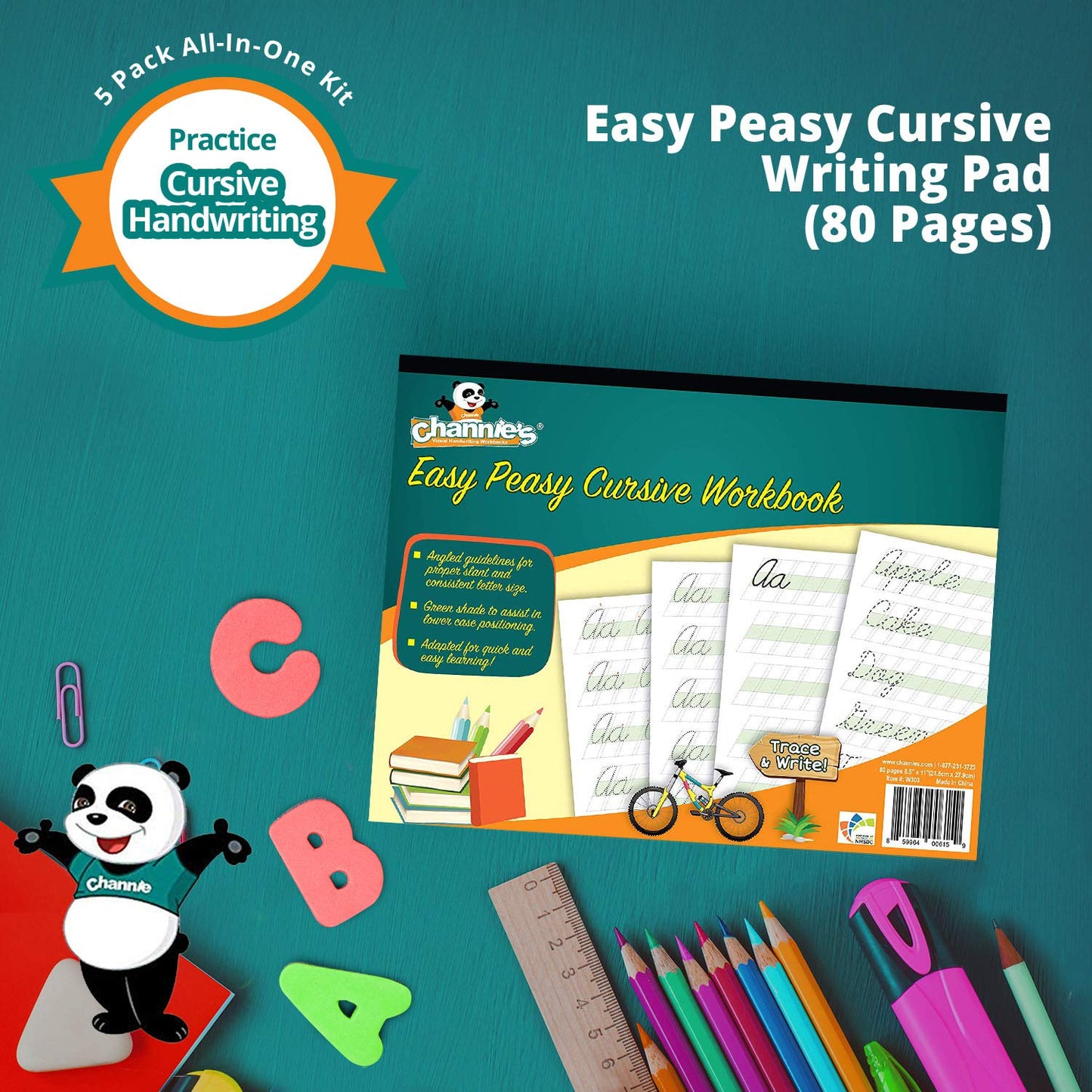 Channie’s All-in-One Kit, with Double & Triple Digit Math Practice Worksheets, Writing Pad, Math Line-Up Pad, Easy Peasy Cursive Handwriting Workbook for Kids, Free ABC Card