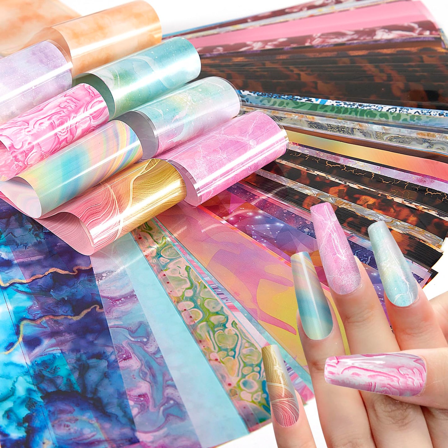 SILPECWEE 300Pcs Nail Foil, Holographic Nail Art Foil Laser Rainbow Leopard Transfer Foils for Nails Paper 3D Nail Stickers Fingernail Wraps Decals Manicure Design Kit Nails Decoration