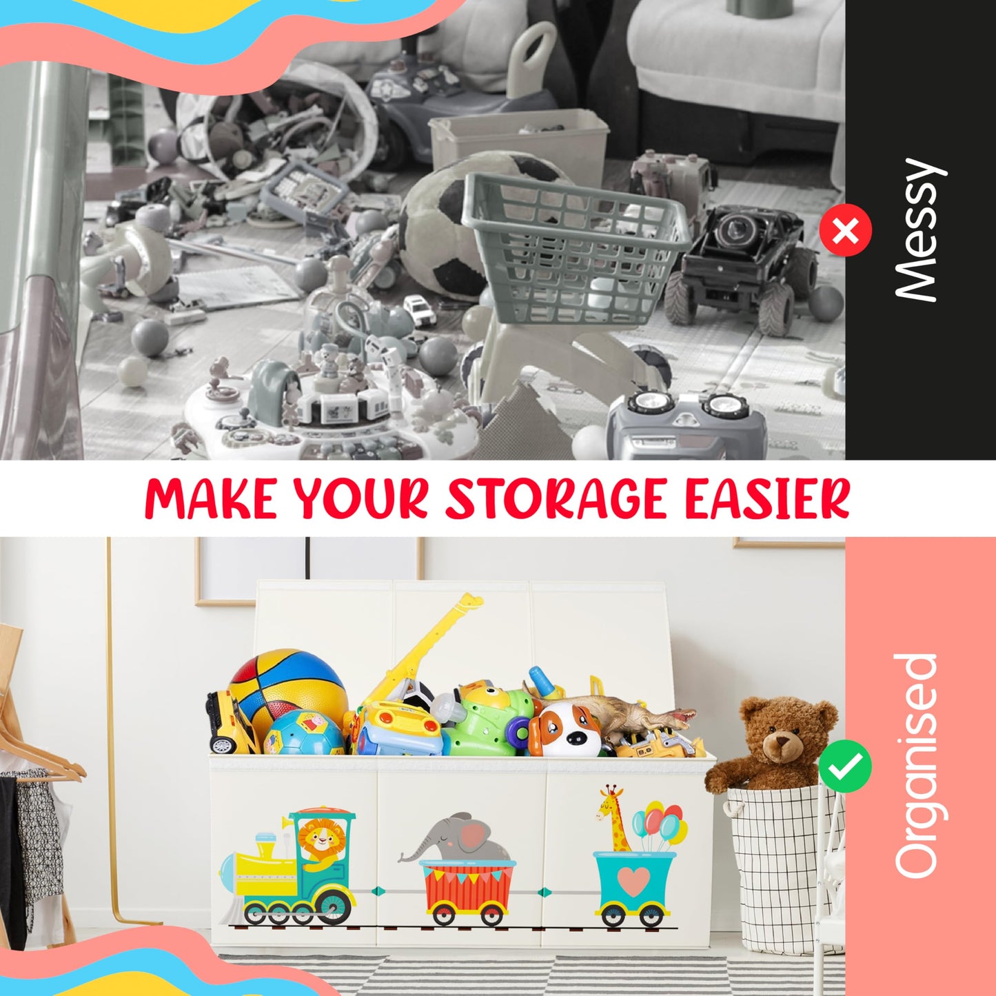 Rossoff Extra Large Collapsible Sturdy Toy Storage Organizer with Lids, Animal Train Toy Box for Boys Girls, 40"x16"x16", Modern, Beige