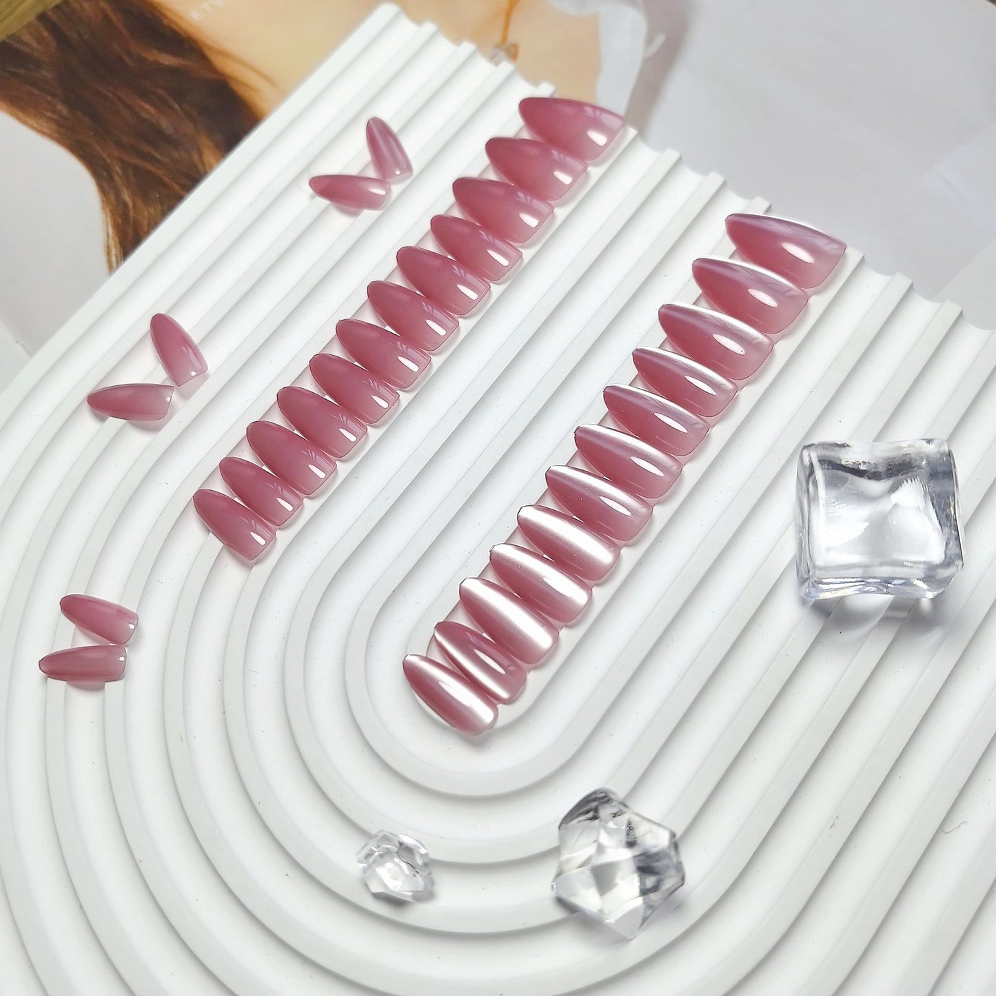 SXVME Cat Eye Dark Pink Press On Nails Medium Almond Shaped - 30 Pcs Stiletto Fake Nails Acrylic Press ons, Natural Fit, Opaque Glitter Chrome Gel Nails Stick on, Soft Gel Glue on Nails for Women
