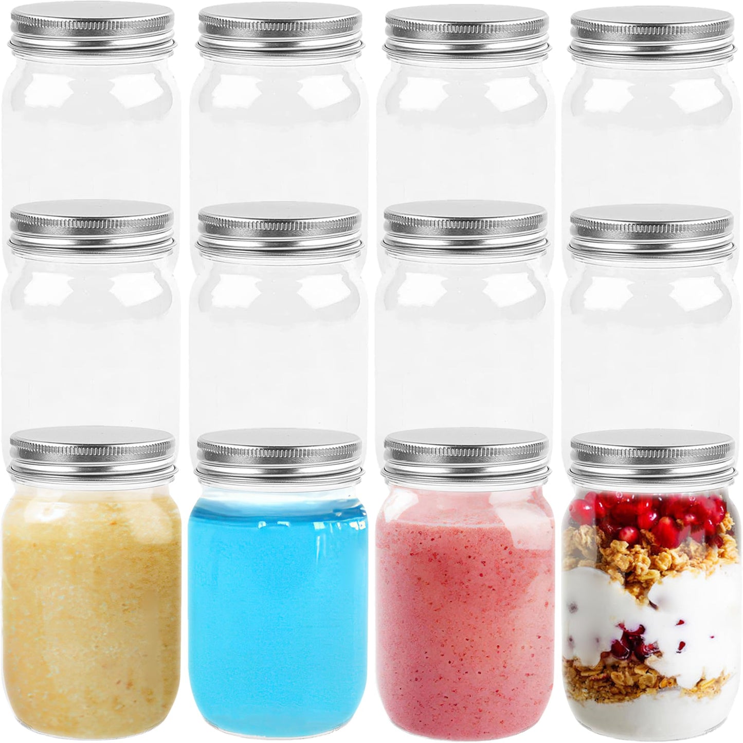 TUZAZO 8 Oz Plastic Mason Jars with Lids, 12 Pack Reusable Empty Small Clear Plastic Storage Containers for Kitchen & Household | BPA Free Spice Jar | Candy Jar