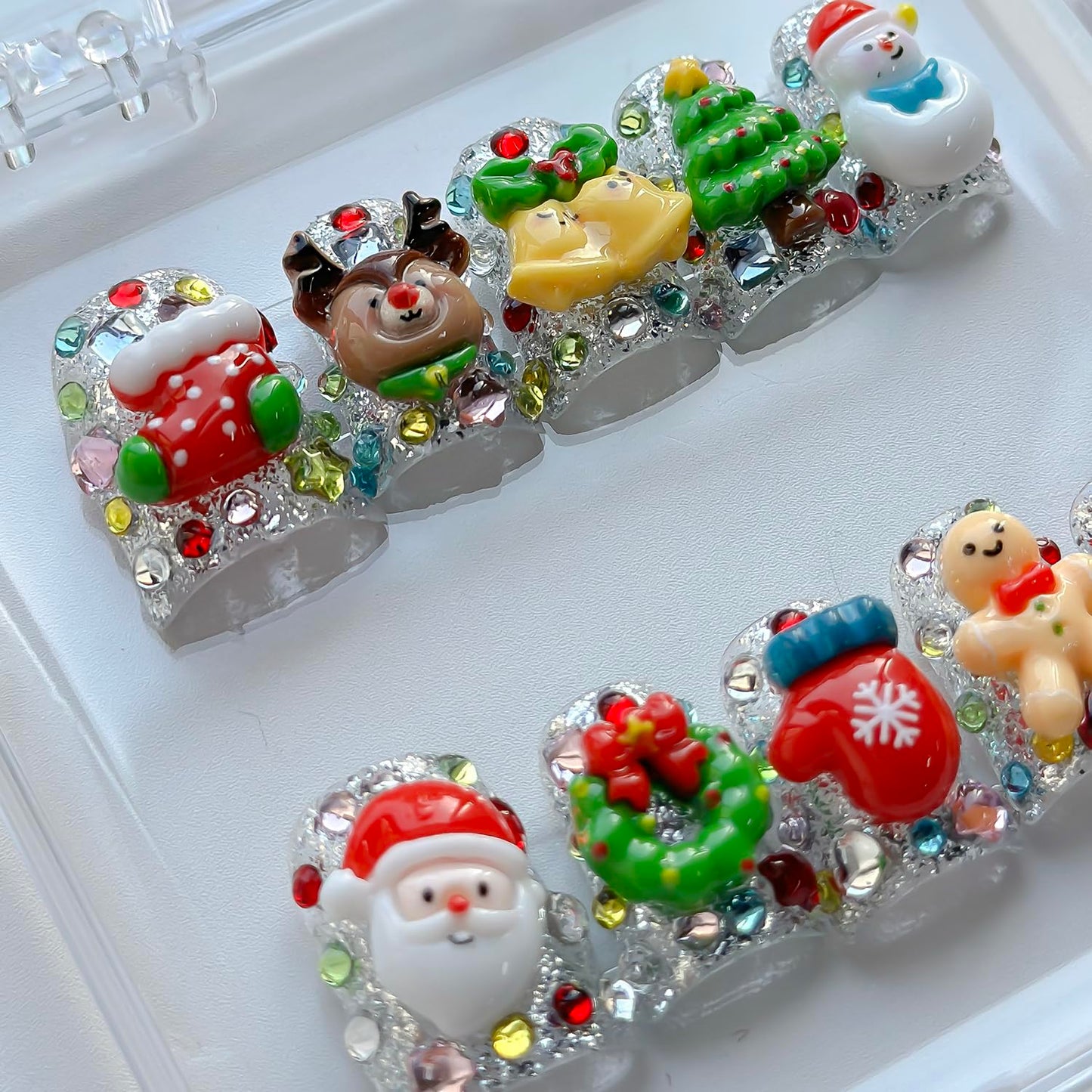 Christmas Press on Nails Luxury Short Duck Handmade 3D Unique Reusable ABS Material Fake Nails Cute False Nails with Santa Reindeer Tree Snowflake Designs Glossy Glue on Nail Thick Acrylic Nail(M)