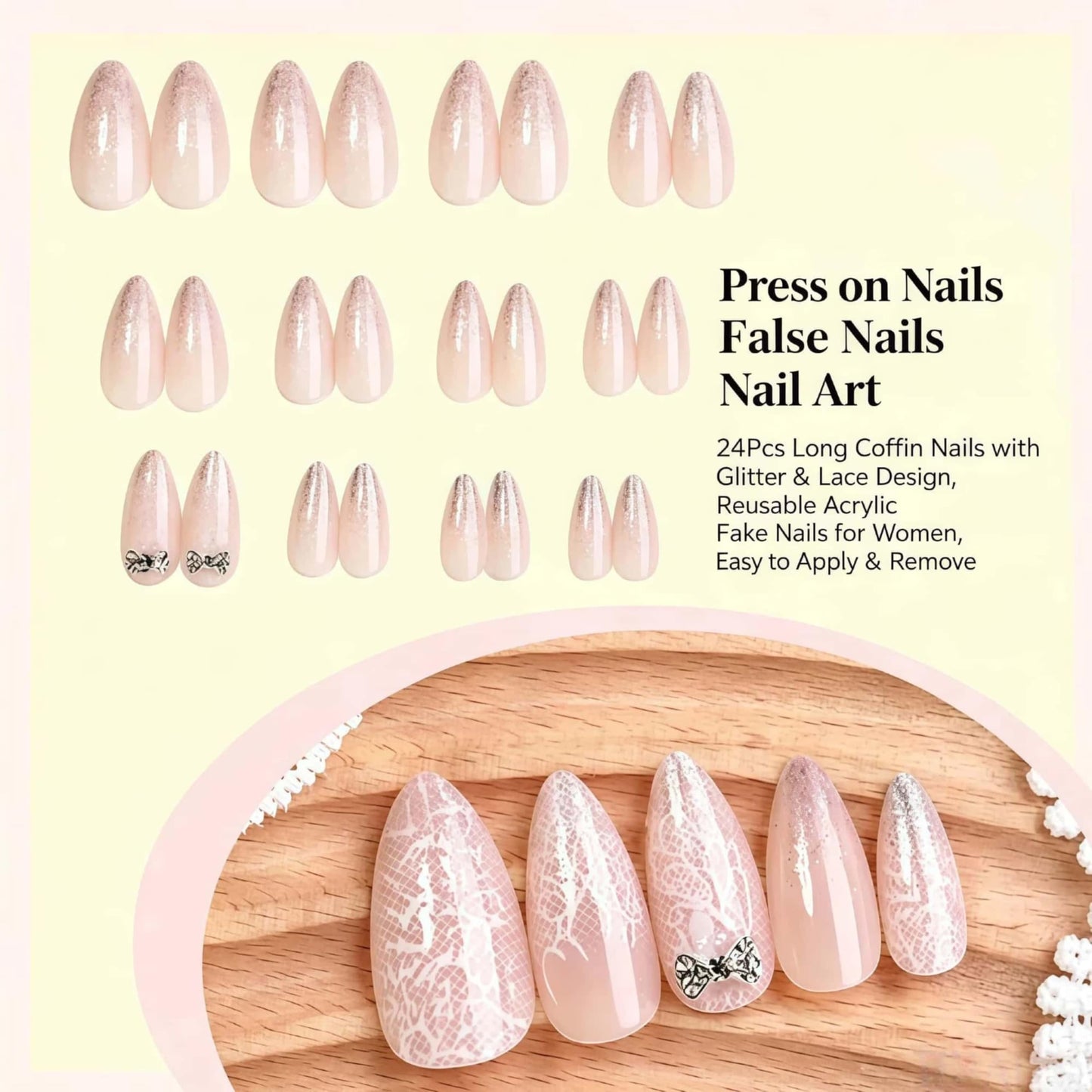 Almond Press on Nails Medium White Fake Nails Lace Print Designs with 3D Rhinestones Bowknot Glue On Nails Cute Acrylic Press on Tips Full Cover Stick on Nail Reusable Manicure for Women 24 Pcs