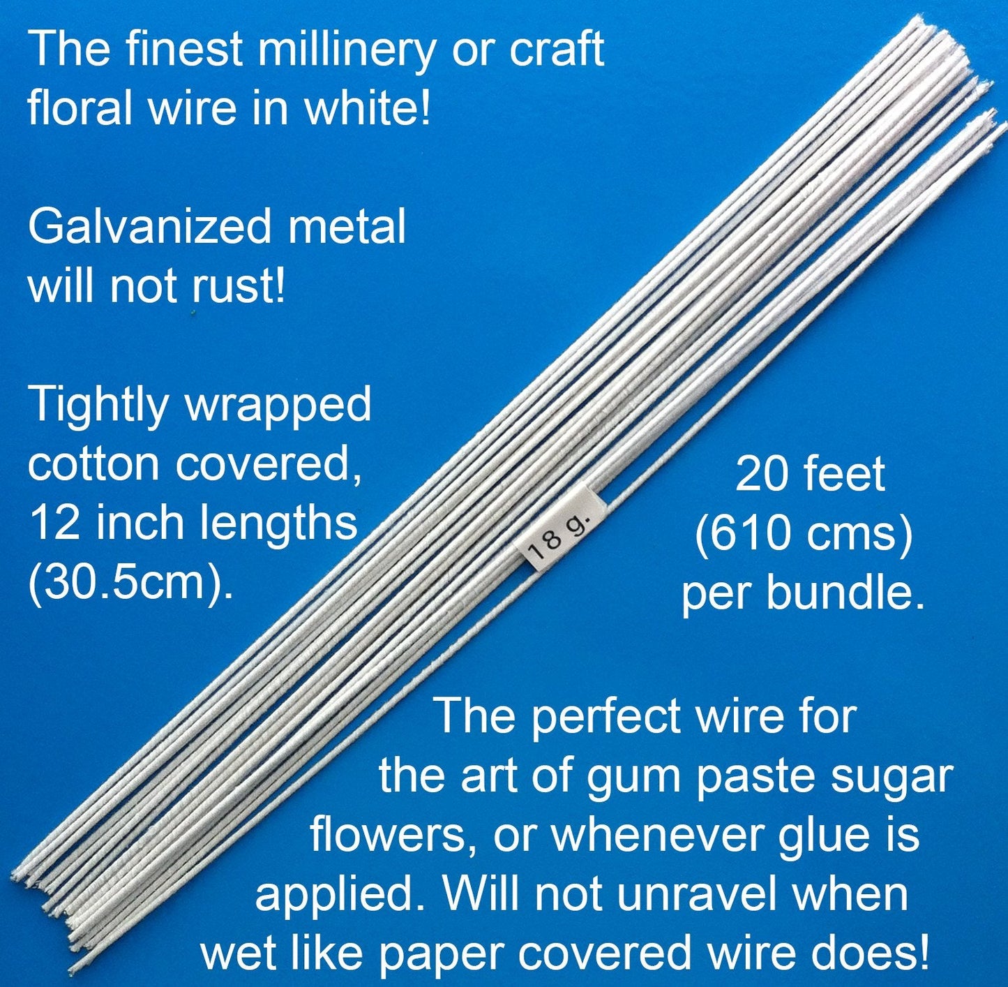 18 Gauge White Cotton Covered Floral Wire - 20 feet per Bundle (6.1m) in 12 inch Lengths (30.5cm)