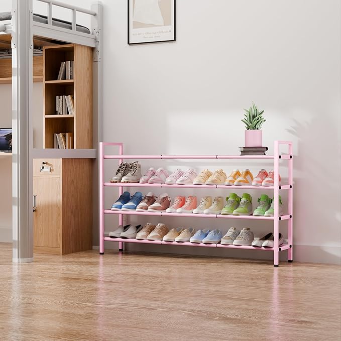 Bumusty 4-Tier Long Expandable Shoe Rack for Closet, 18"-44" Adjustable Shoe Rack for Entryway, 20-24Pairs Large Shoe Organizer Shelf Storage, Sturdy Metal, Black
