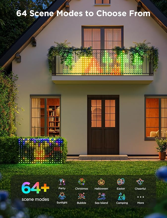 Govee Outdoor Net Lights, 2.8*9.4ft with RGBIC and DIY Functions, 480 LEDs Smart Net Lights with 64 Modes for Bush Patio Decor, Compatible with Alexa & Google Assistant, Outdoor Waterproof, Green Wire