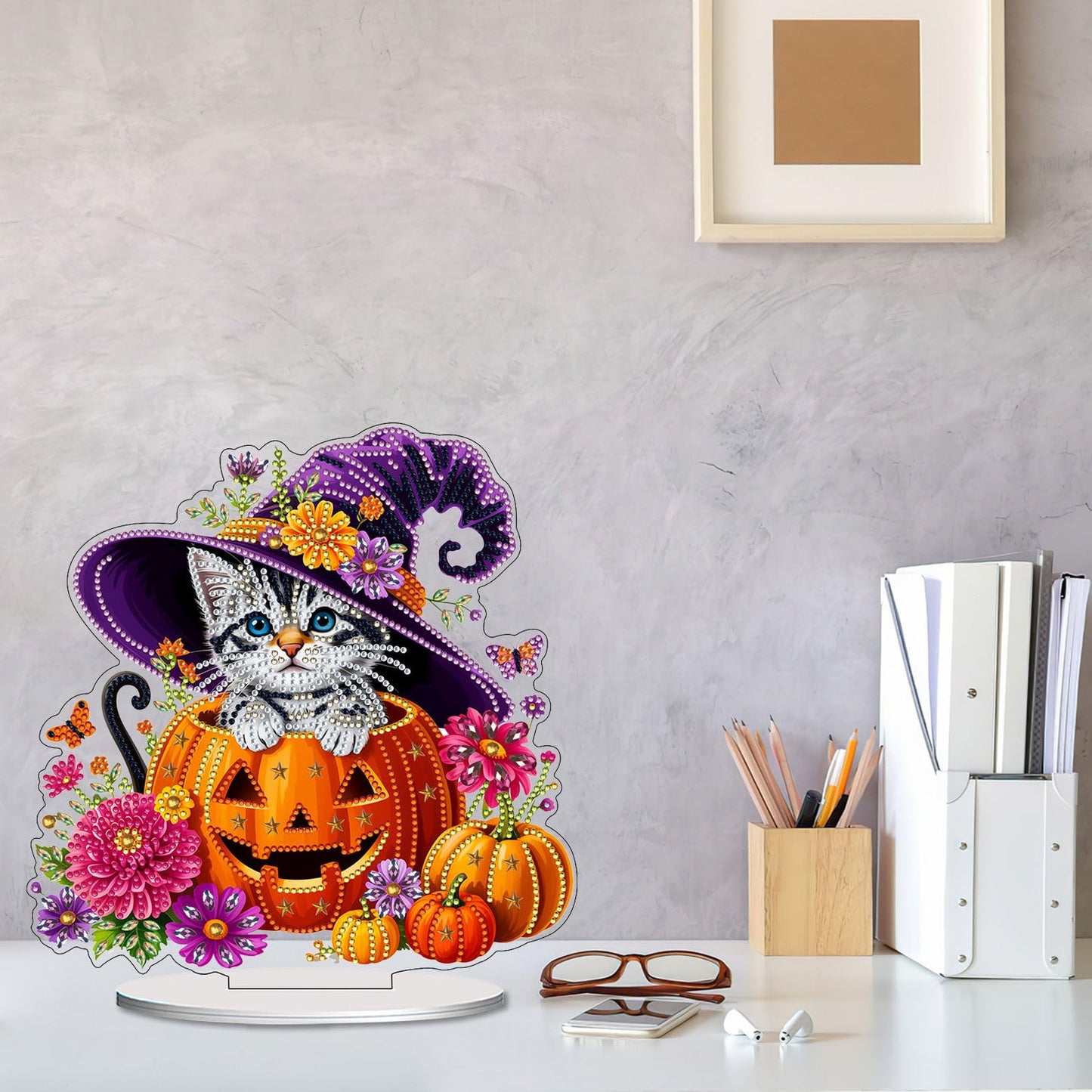 VODAPYC Halloween Diamond Art Tabletop Painting Kit, DIY Stand Up Double Sided Special Shaped Diamond Painting Desktop Ornament(Halloween-Cat)