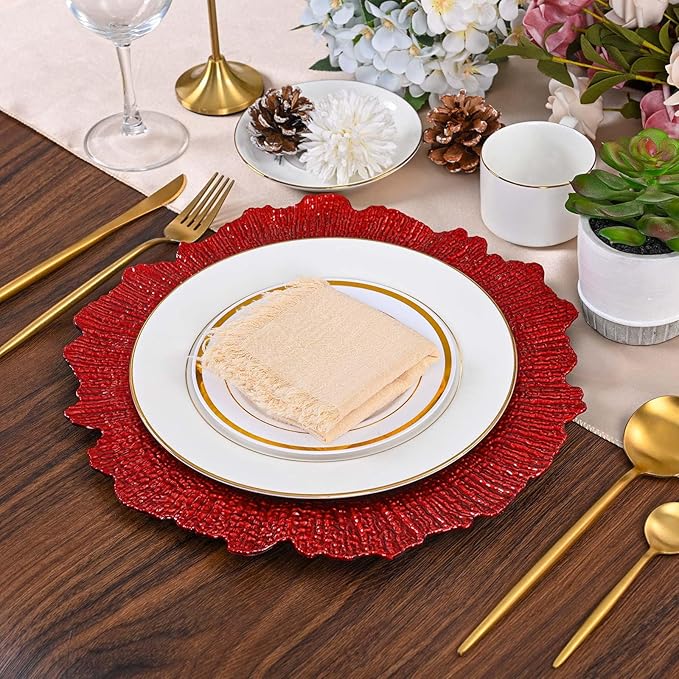 Pesonlook 50Pcs Red Charger Plates Round 13inch, Reef Plate Chargers for Dinner, Bulk Plastic Floral Table Charger Plates for Dinner Wedding Party Event Table Setting Decoration(Red)