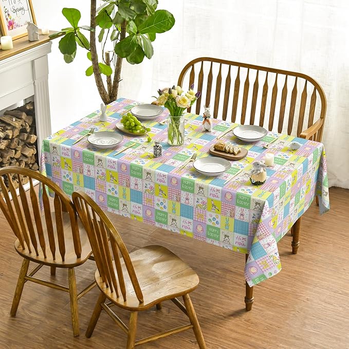 Horaldaily Easter Tablecloth 52×70 Inch Rectangular, Plaid Bunny Rabbits Easter Egg Anemone Bowknot Colorful Washable Seasonal Table Cover for Party Picnic Dinner Decor