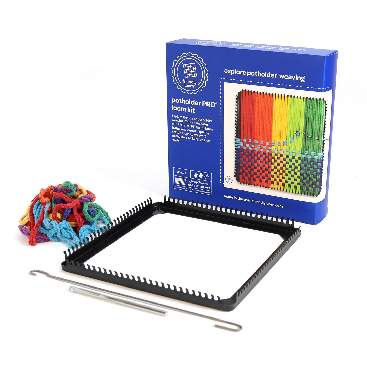 Harrisville Designs Friendly Loom Potholder Pro Weaving Kit | 10”x10” Sturdy Metal Loom and Quality Cotton Weaving Loops | Complete Kit to Weave 2 Large, Durable Potholders | Made in the USA