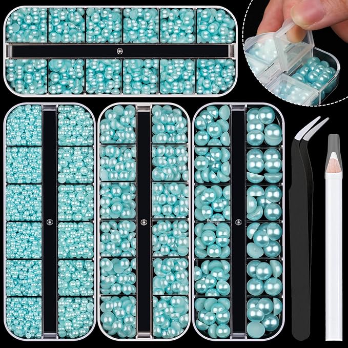 4 Boxes Flat Back Pearls Kit 7 Flatback Light Blue Half Round Pearls 3-10mm with Pickup Pencil and Tweezer for Home DIY and Professional Nail Art, Face Makeup and Craft