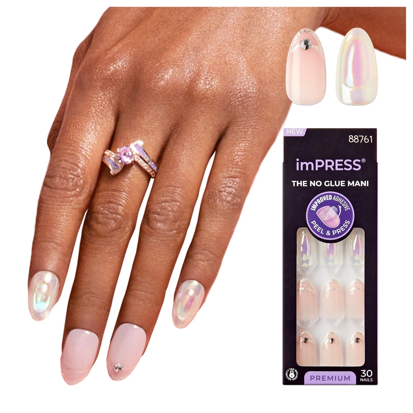KISS imPRESS Press-On Manicure Premium Collection Fake Nails - All My Love, Pink, Aurora, Medium & Almond Shape, Easy To Apply, Super Hold, Chip Proof, Smudge Proof, No Dry Time, Durable | 30 Count