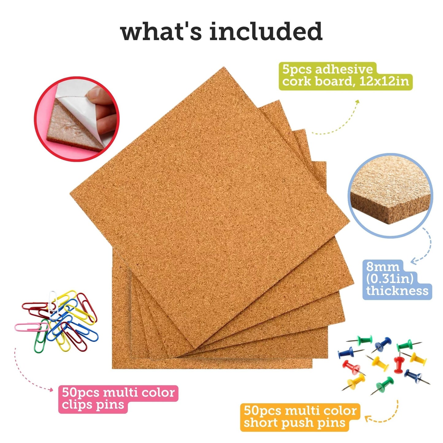 Incraftables Cork Board Tile Squares – 5 Piece 12x12 Self-Adhesive Squares for Bulletin Boards, Wall Corkboards, Vision Boards, Pin Boards, Office & Craft Projects