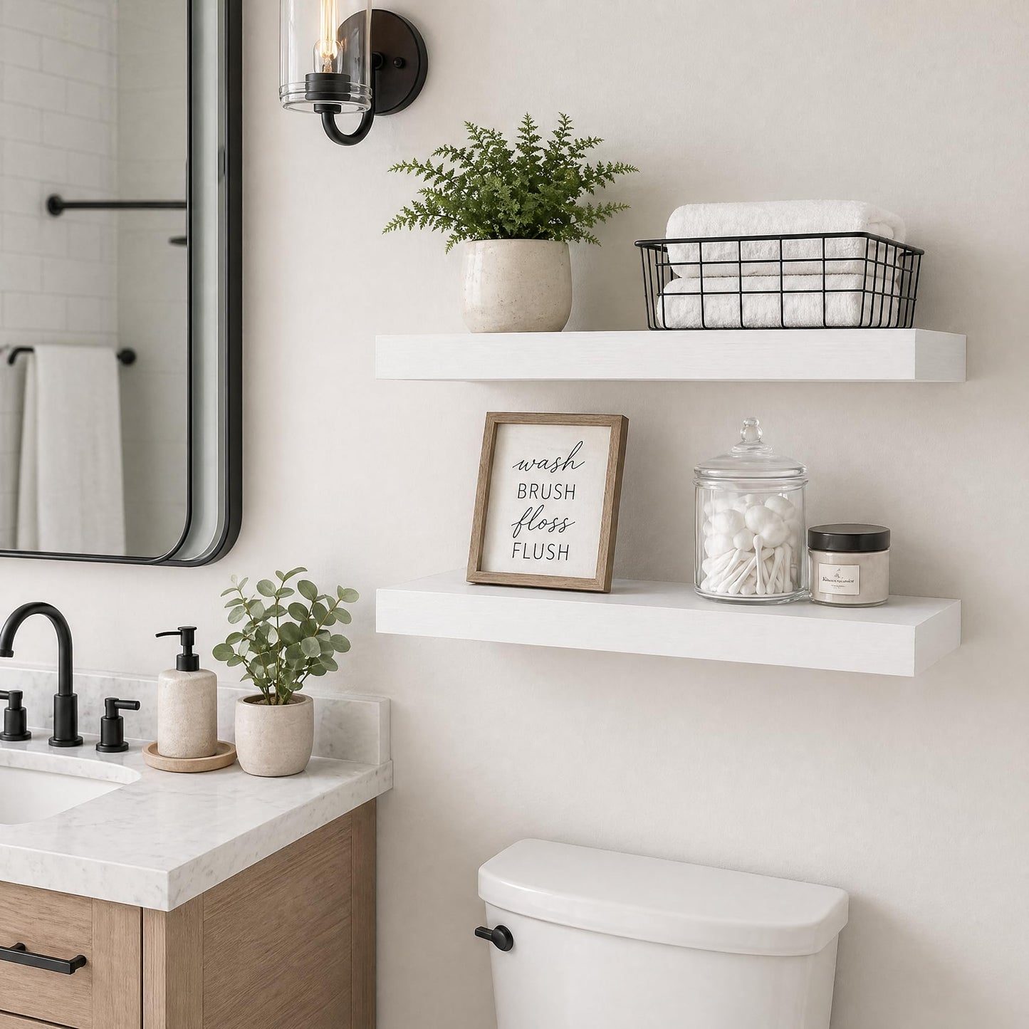Ornawit White Floating Shelves for Wall, 9.3" Deep Wall Mounted Wood Shelves for Bathroom, Bedroom, Living Room, Kitchen, Hanging Shelf for Books/Storage/Room Decor (White, 24")