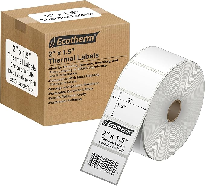 2" x 1.5" Thermal Labels | 6 Rolls | 8220 Labels | fits Zebra, Munbyn, Rollo, Godex, Arkscan, iDPRT, Offnova Thermal Label Printers and More | Blank White Adhesive Stickers by Ecotherm